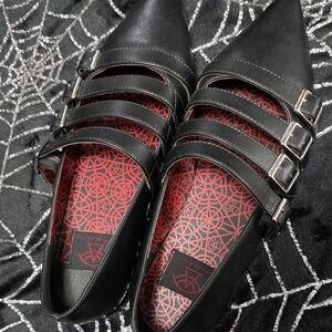 Strange Cvlt Strappy Buckle Pointed Toe Witchy Goth Punk Faux Leather Flats